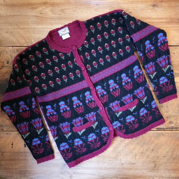 April Cornell Sweaters - Vintage April Cornell 100% Wool Cardigan Sweater – Size L – Plum, Black, Indigo